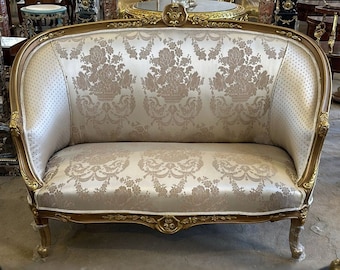 French Louis XVI Style Antique White Sofa with Gold Details