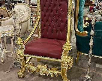 Wine Leather Throne Chair Vintage Furniture Big Chair Vintage 24k Gold Chair Gold Chair Vintage Furniture Antique Baroque Furniture Rococo