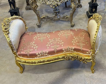 Marquis French White-Pink Tufted Bench *Only one available* Vintage Chair Vintage Furniture Gold Frame Rococo Interior Design