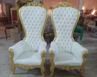 White Throne Chair White Leather Chair *2 LEFT* French Chair Throne White Leather Chair Tufted Gold Throne Chair Rococo Vintage Chair