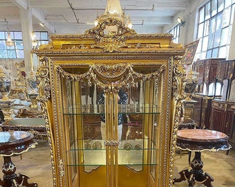 Glass Gold Vitrine Cabinet French Antique Vitrine Gold Gabinet French Louis XVI Style  French Cabinet