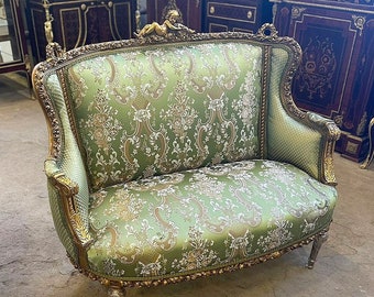 Army Green Sofa French Rococo Style with Gold leaf Details Vintage Furniture Baroque Interior Design