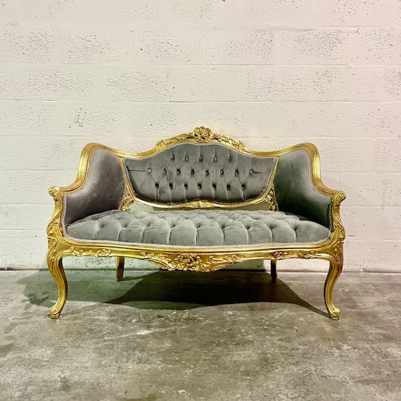 French Tufted Bench Gray Velvet Sofa Chair French Bench Tufted