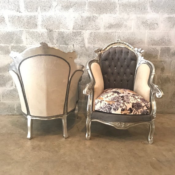 Italian Antique Furniture Silver Gray Chair Baroque Tufted 50