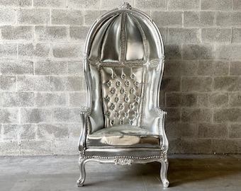 1 Left in Stock* French Balloon Chair Throne Chair High-Back French Canopy Silver Chair Silver Leather Interior Design