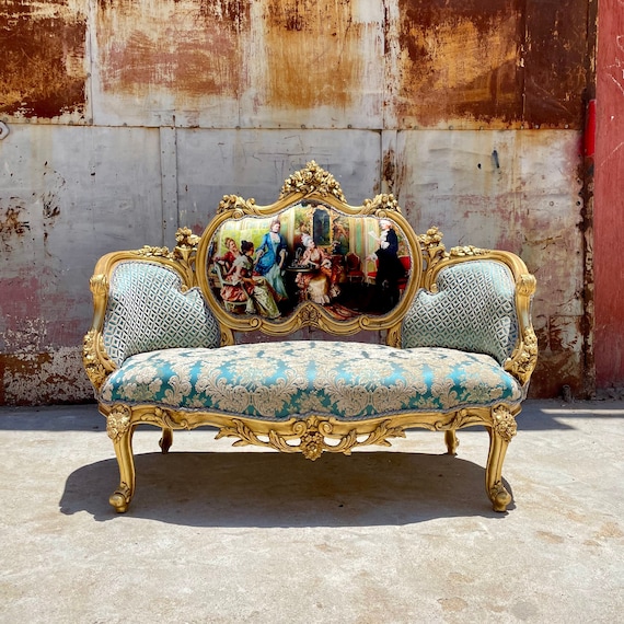 Louis XVI style sofa in white floral fabric and black wood