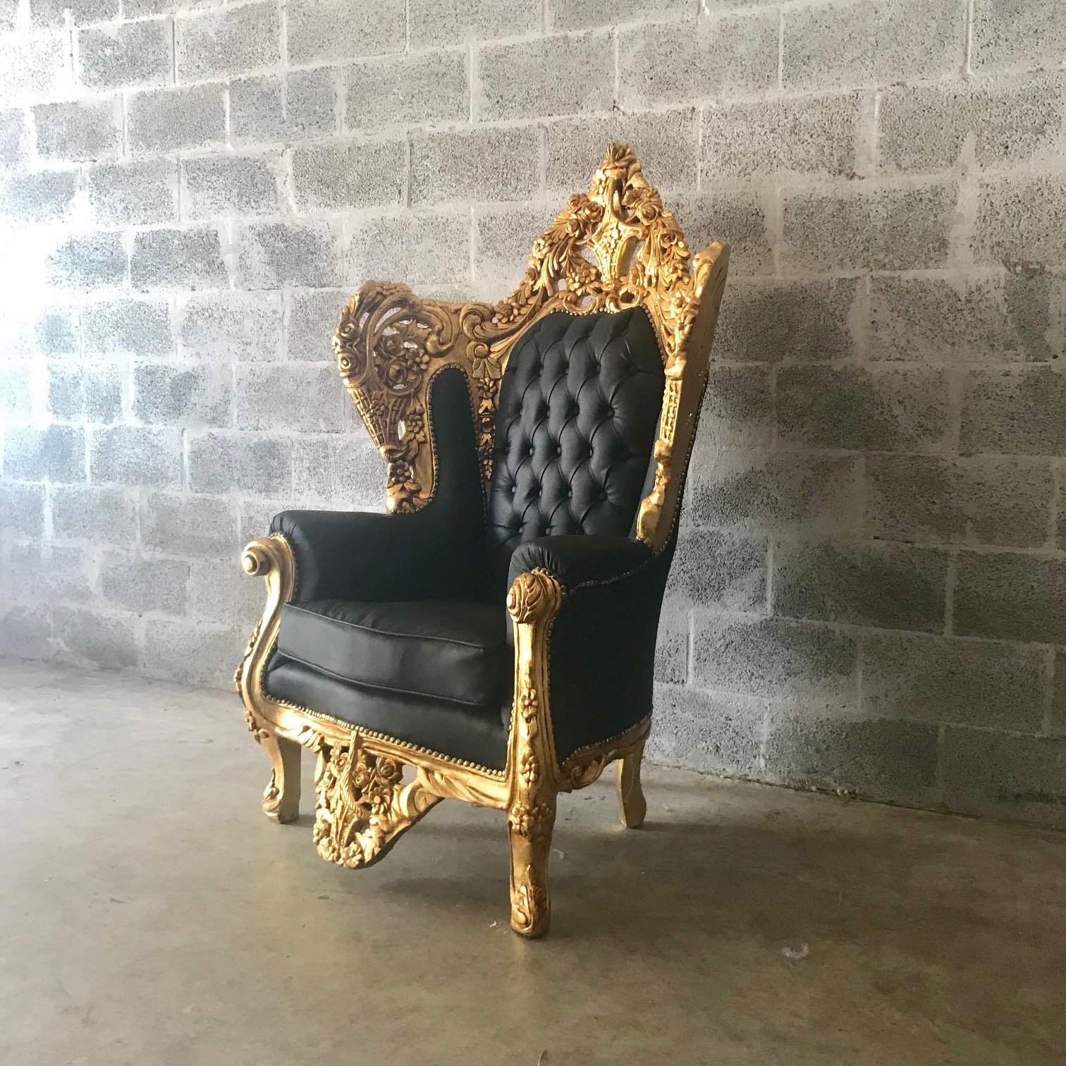 RESERVED* Rococo Throne Antique Furniture *1 Chair Left* Black Leather
