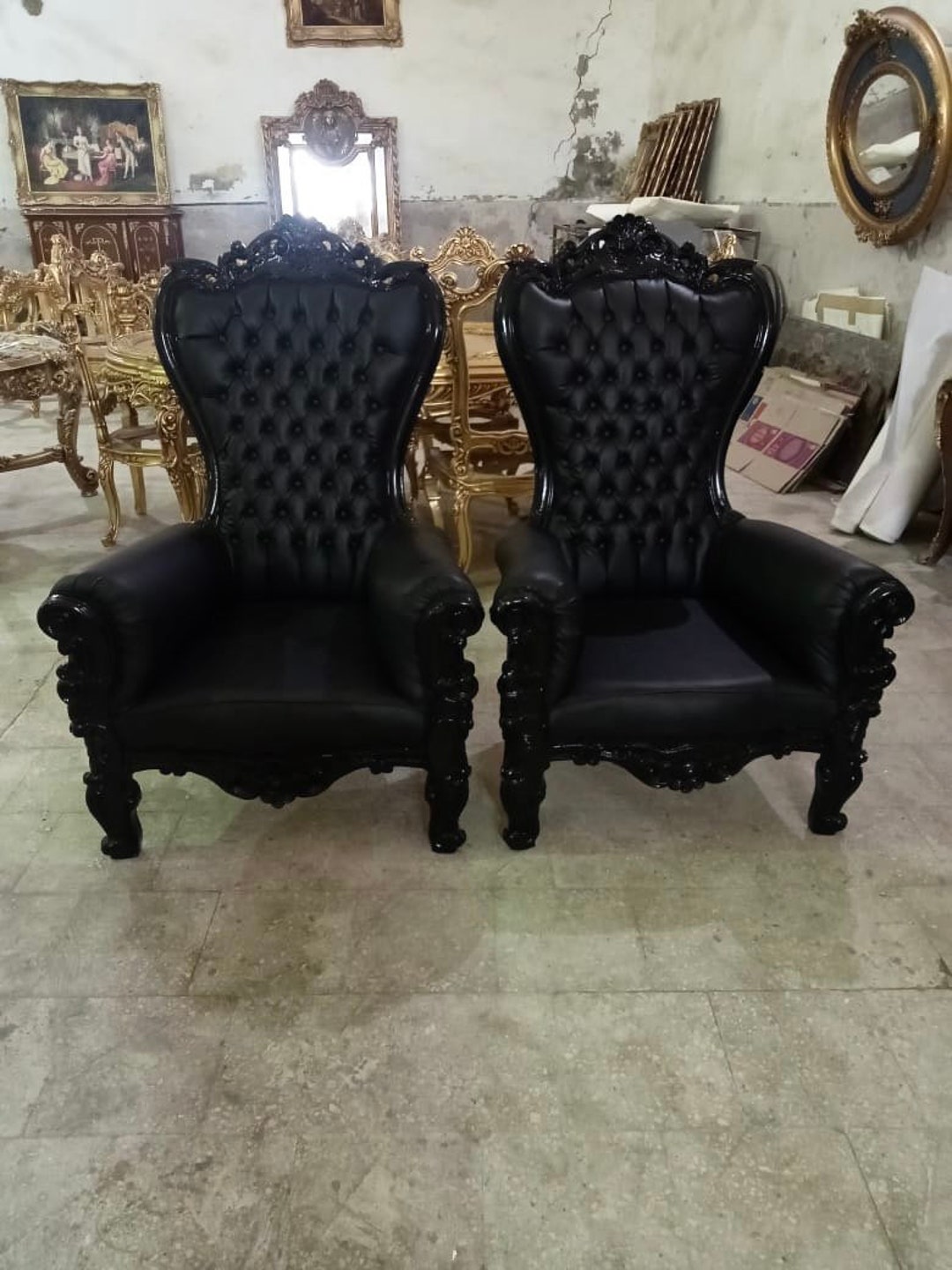 2 Left in Stock Black Midsize Throne Chair Black Leather French Throne