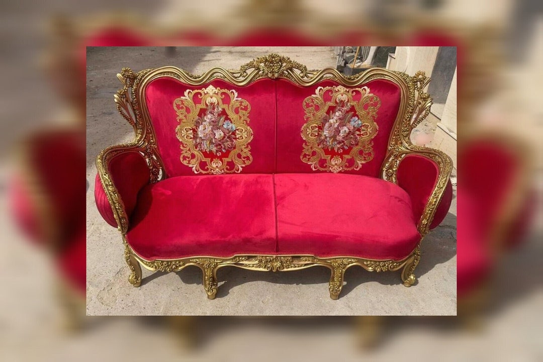 French Red Velvet Settee Bench White Vintage 24k Gold Vintage Furniture Vintage Settee Vintage