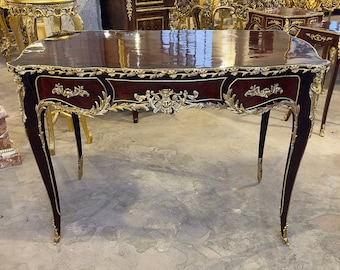 French Rococo Style Copper Desk Table with Gold Details