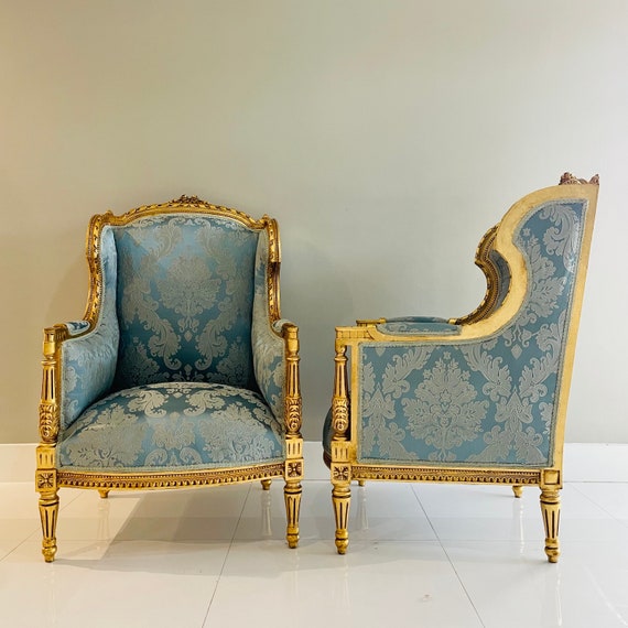 Blue Damask French Chairs with Oval Mirror and Brass Coffee Table - French  - Living Room
