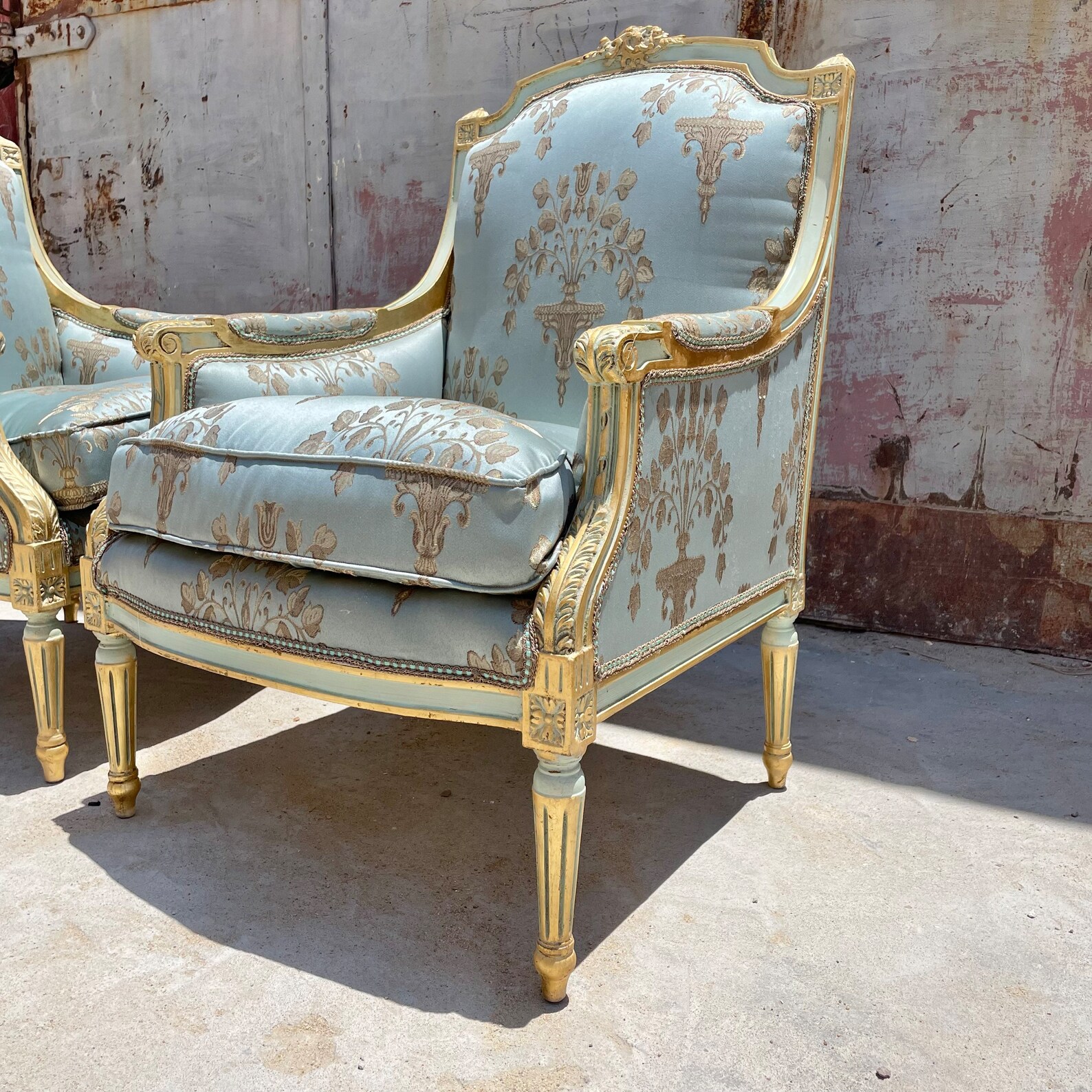 French Chair Light Blue Vintage Chair New Upholstery Damask Etsy