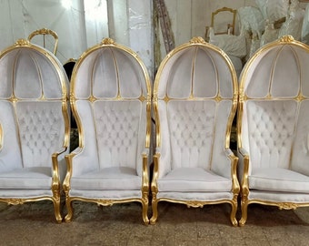 French Balloon Chair Throne Chair *2 Available* High-Back French Canopy Gold Chair Tufted Off-White Velvet Interior Design