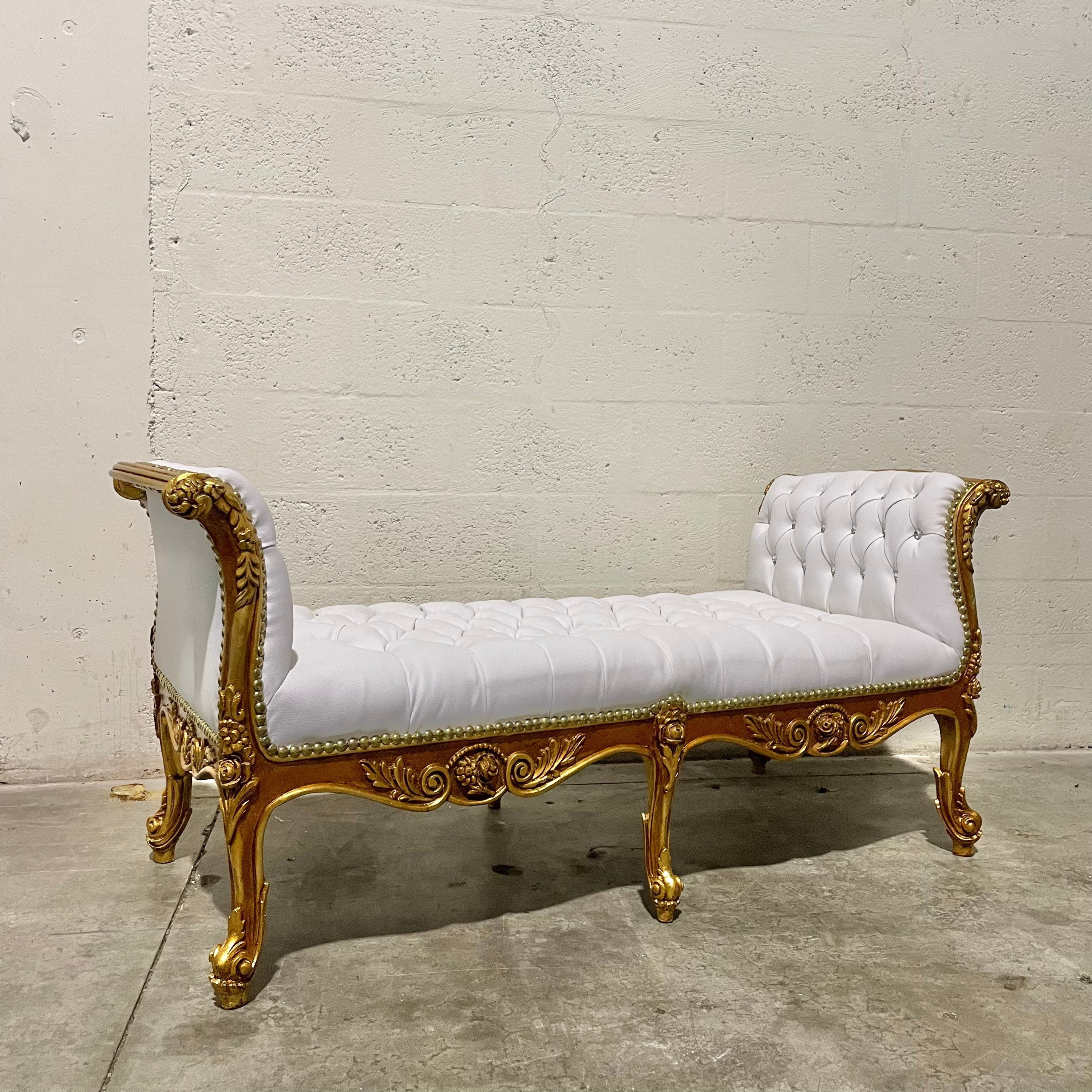 French Chaise Lounge Bench Vintage Gold Leaf Hand Carved Wood