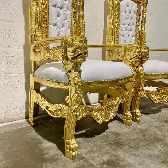 1 Left in Stock Throne Chair King Chair Gold Leaf White Leather