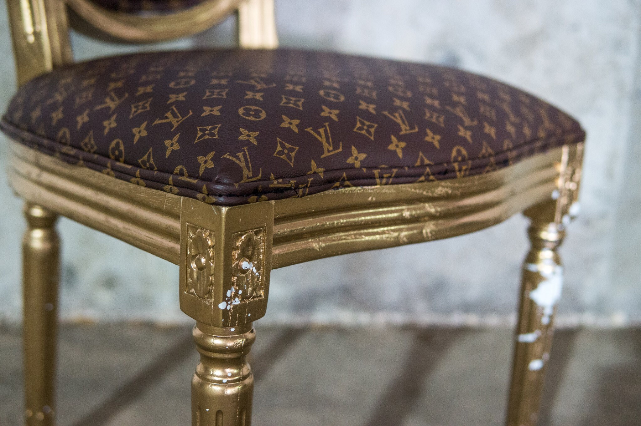 French Chair Lv Custom Louis Vuitton Authentic Leather 1 French Chair Lv Custom Louis Vuitton Authentic Leather 1 Left Vintage Furniture Caramel Metalic Gold Frame Hand Painted Graffiti