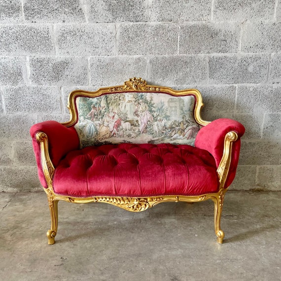 French Settee Red Vintage Furniture Red Sofa Gold Settee Tufted