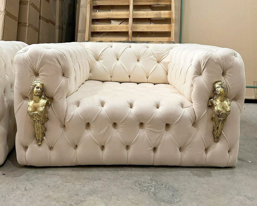 Big Tufted Chair Chesterfield Footstool White Velvet Tufted Fabric ...