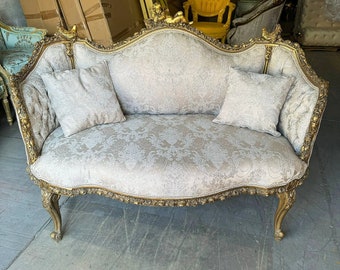 French Baroque Style Tan Beige Sofa with 2 pillows and Gold details