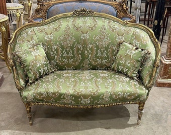 French Rococo Style Green Tufted Sofa Vintage 24K Gold Furniture Antique Vintage Royalty
