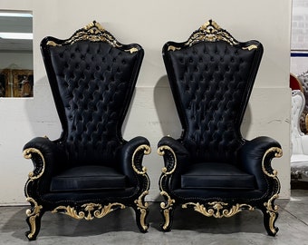 2 in STOCK* Black Throne Chair Black Leather Chair French Tufted Chair Throne Black Leather Chair Tufted Gold Accents Throne Chair Rococo