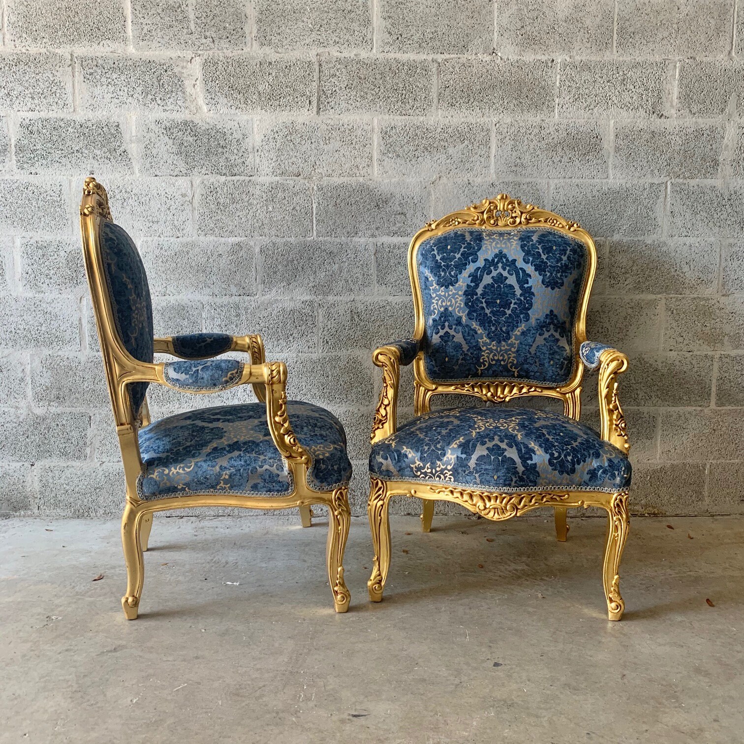 French Furniture French Vintage Chair Blue Damask 3 Piece Set Available