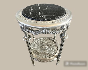 Italian Rococo Style Black Marble Topped Silver Side Table