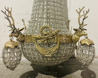 Deer Stag Chandelier *1 Left in Stock* xx-LARGE French Stag Deer Head Large Basket Brass Empire Bowl 42"H x 25”W Interior Design