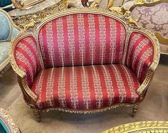 Cherry Red Sofa French Baroque Style Settee Furniture Rococo 24k Gold New padding Interior Design Furniture