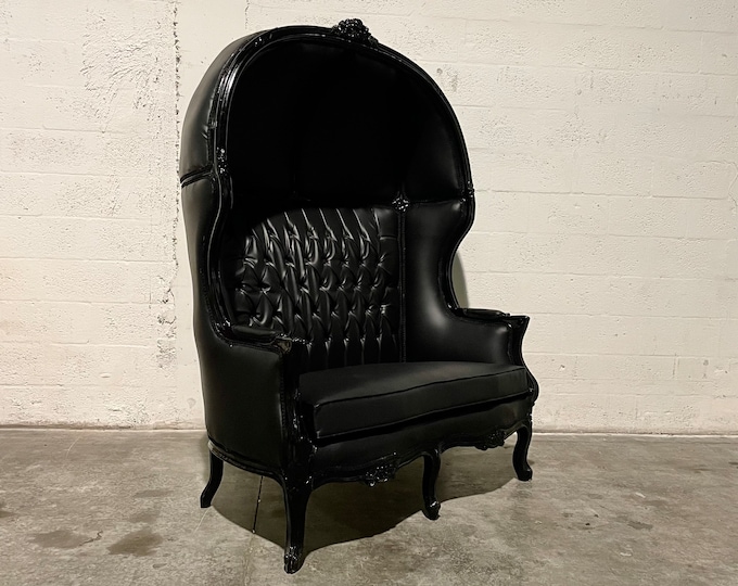 Featured listing image: French Balloon Chair *1 Left in Stock* Doom Buggy Canopy Chair Haunted Mansion Black & Black Leather Chair Tufted French Furniture