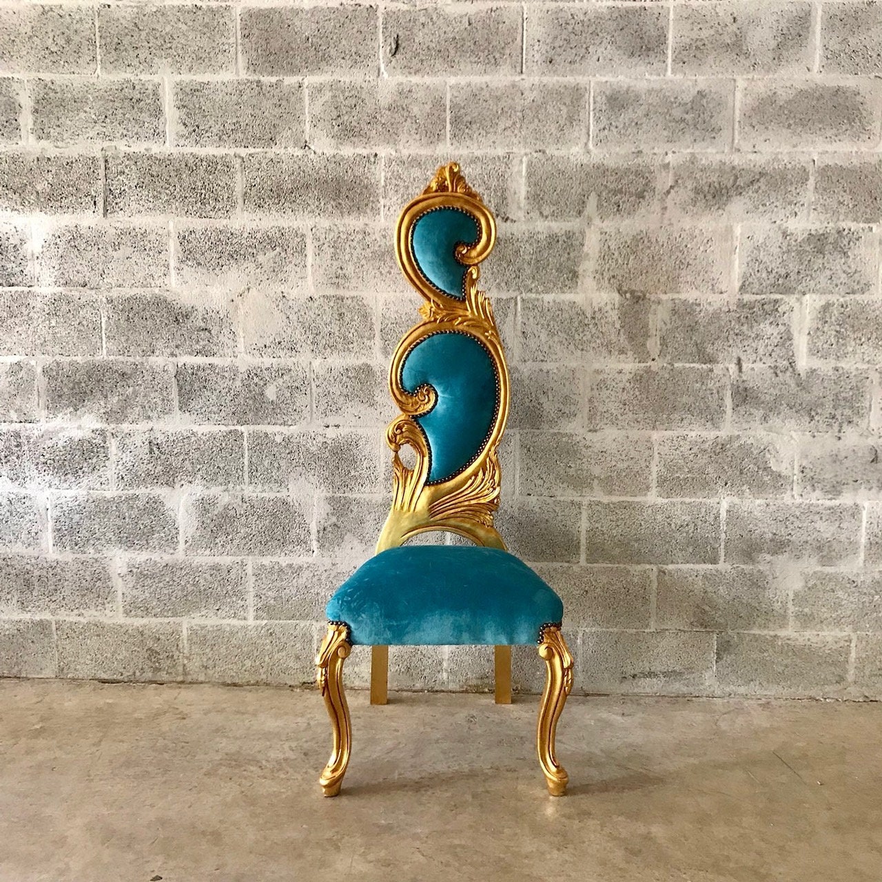 Italian Baroque Throne Chair High Back Reproduction Teal Chair Rental