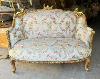 Sofa Vintage Antique Furniture Sky Blue Sofa French Settee  Baroque Furniture Rococo 24k gold New padding Interior Design Vintage