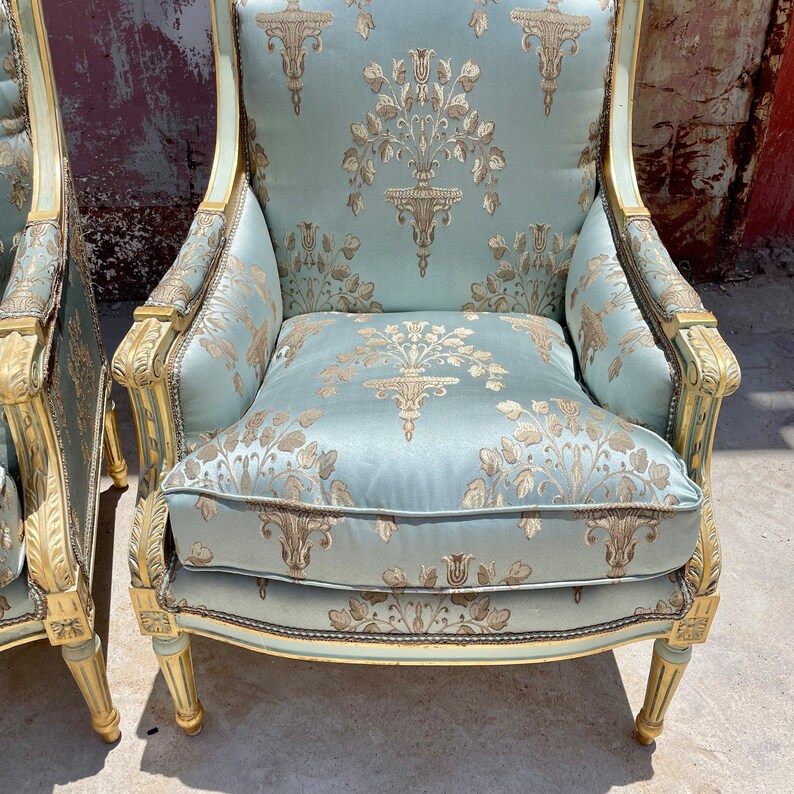 French Chair Light Blue Vintage Chair New Upholstery Damask Fabric Furniture Baroque Rococo Interior Design Vintage Furniture image 5