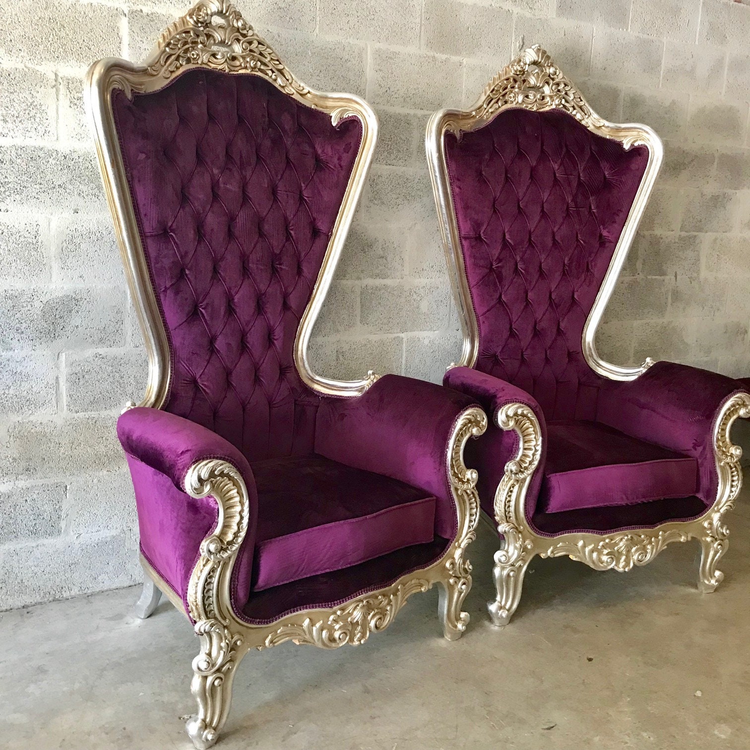 Italian Baroque Throne Chair HighBack 74H Silver Chair Tufted Purple