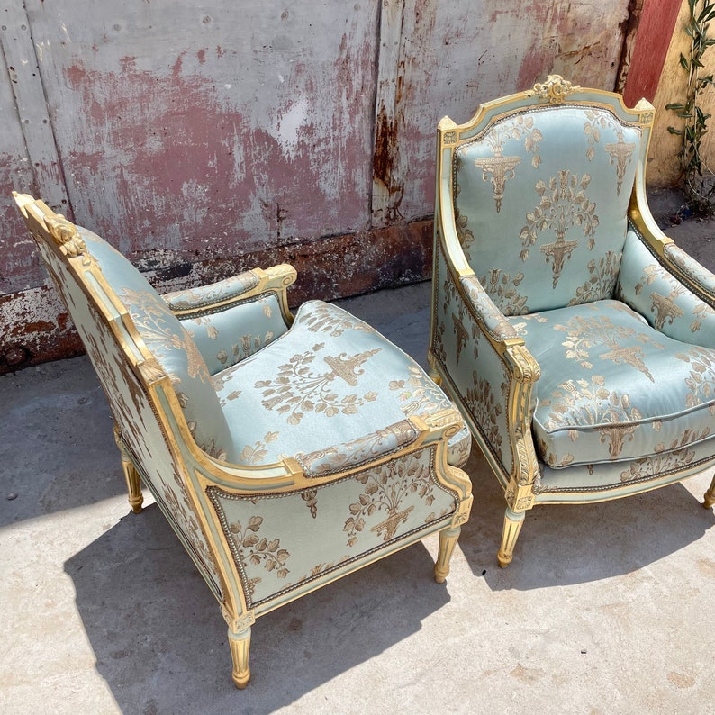 French Chair Light Blue Vintage Chair New Upholstery Damask Fabric Furniture Baroque Rococo Interior Design Vintage Furniture image 3