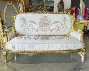 White Sofa French Style Gold Settee  Baroque Furniture Rococo 24k gold New padding Interior Design Vintage