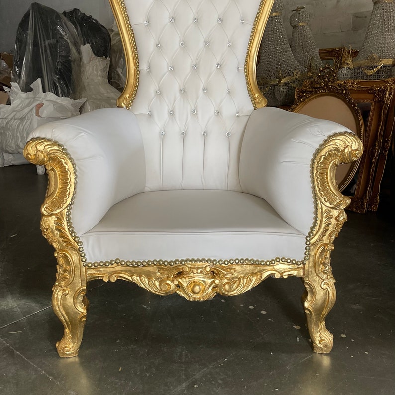 White Throne Chair White Leather Chair 2 LEFT French Chair Throne White Leather Chair Tufted Gold Throne Chair Rococo image 8