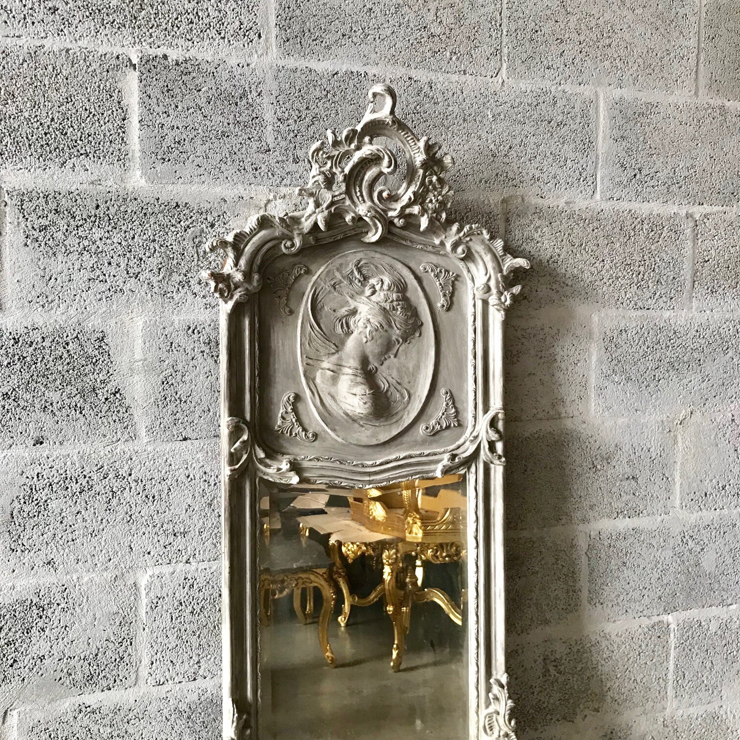 French Woman Face Silver Mirror Matt Antique