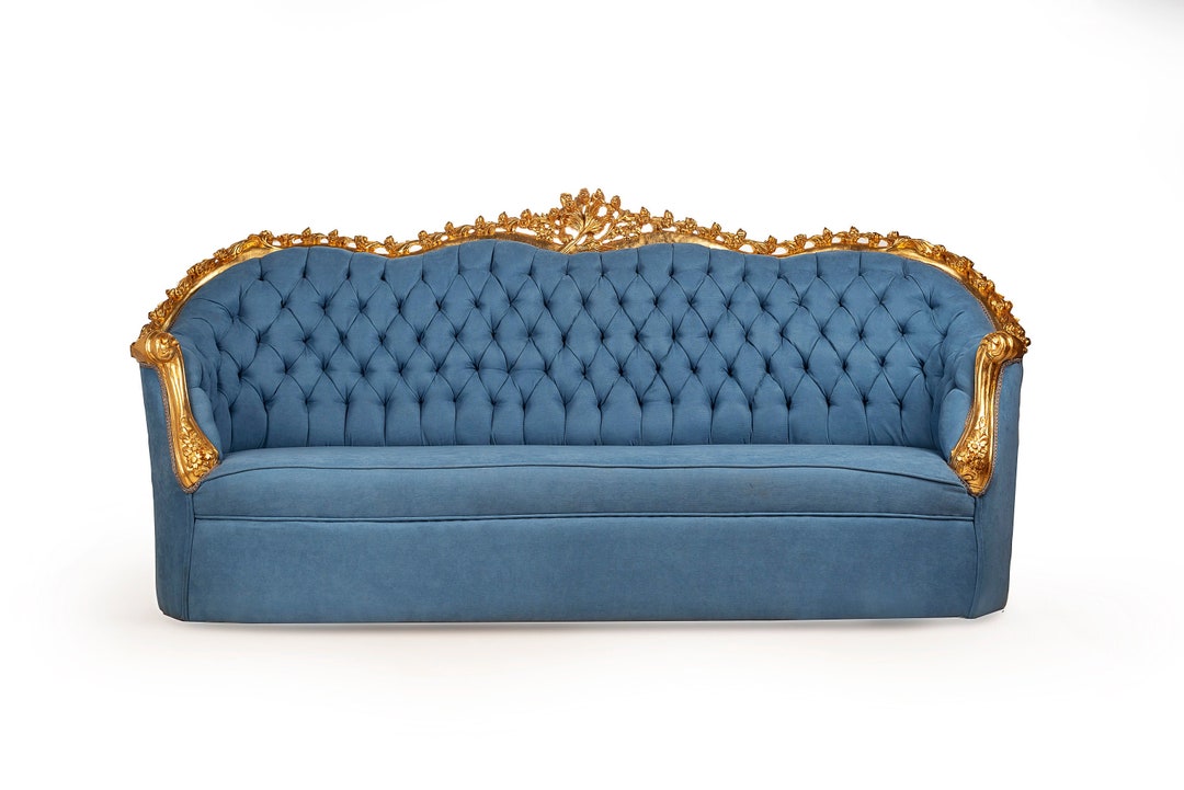 French Tufted Sofa Light Blue Velvet French Sofa Tufted Settee Vintage ...
