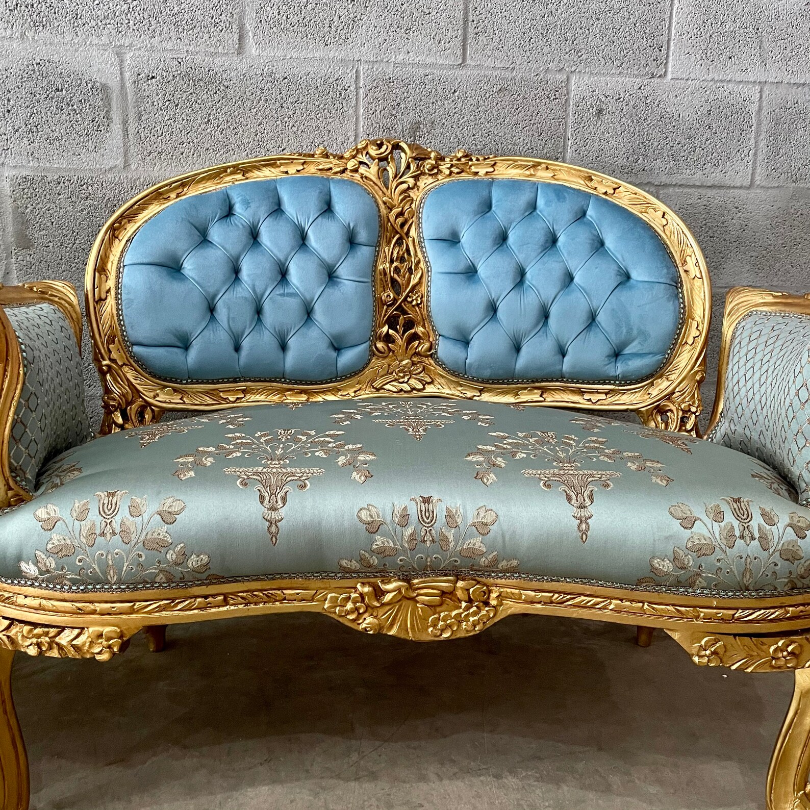 French Settee Set of 2 Vintage Furniture Designer Damask ...