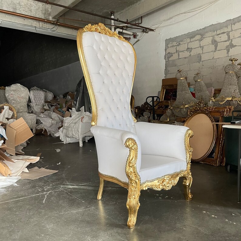 White Throne Chair White Leather Chair 2 LEFT French Chair Throne White Leather Chair Tufted Gold Throne Chair Rococo image 2