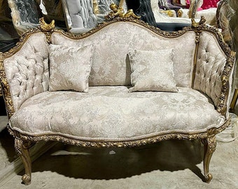 French Baroque Style Tan Beige Sofa with 2 pillows and Gold details