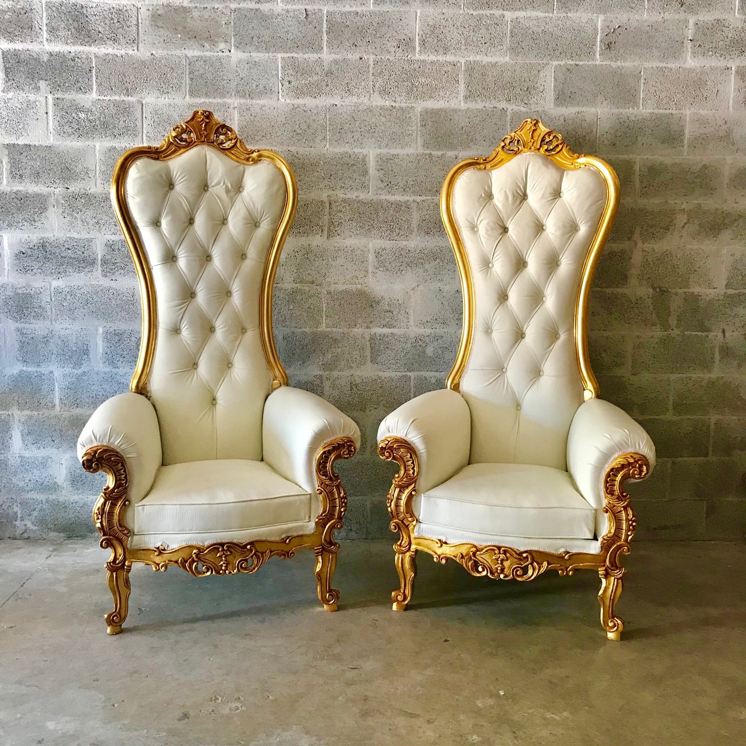Total of 6 Throne Chairs 2 in White Velvet Silver Frame 2 in White