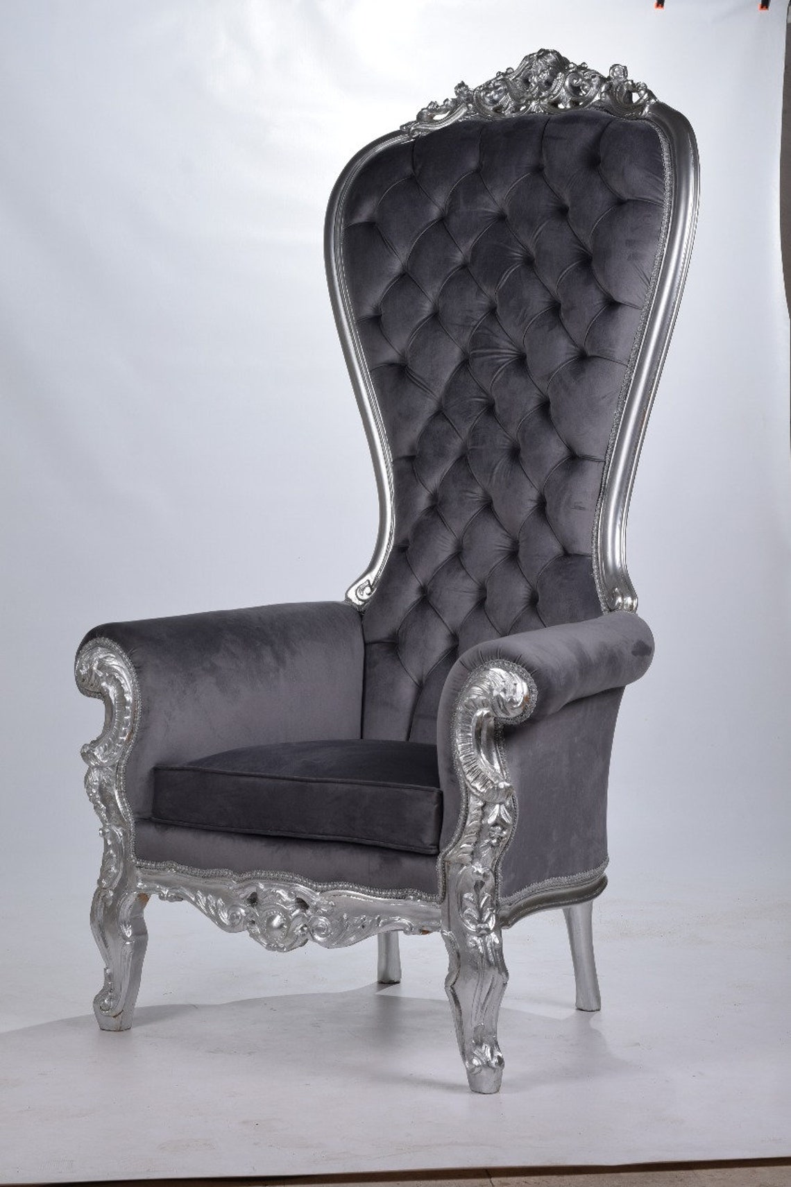 Silver Throne Chair Gray Velvet Chair French Tufted Chair Etsy