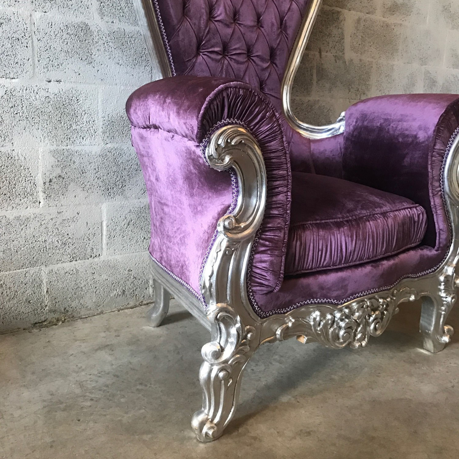 Italian Baroque Throne Chair High Back Reproduction Silver Chair Tufted