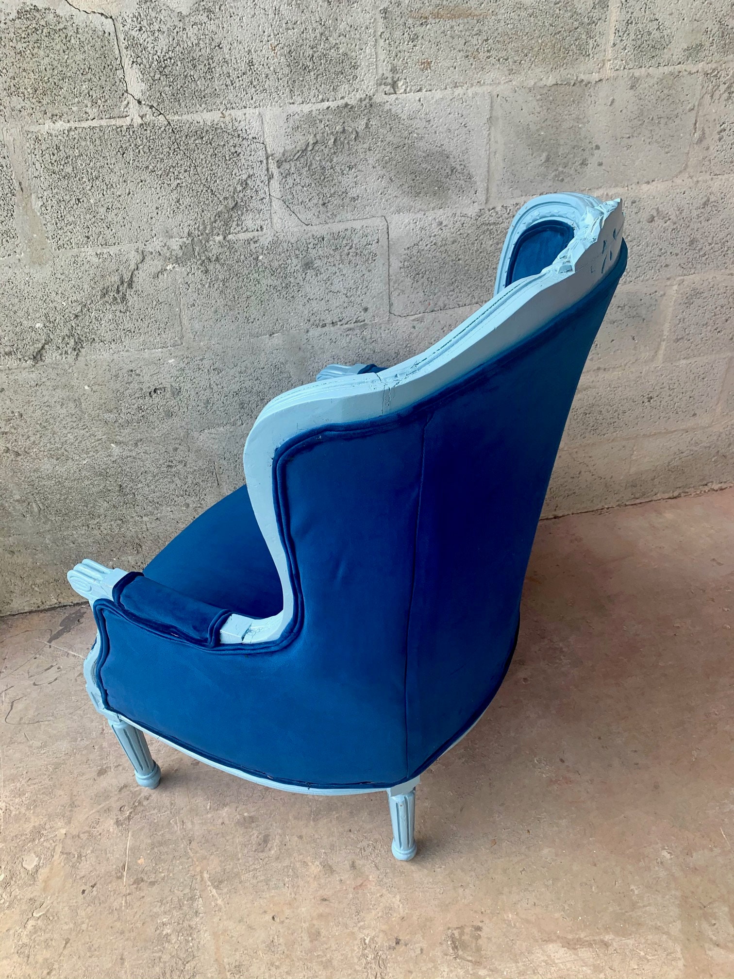 Vintage Chair French Light Blue Matte Custom Frame Royal Blue Plush