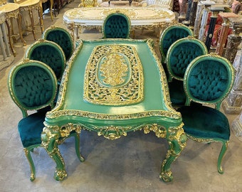 French Rococo Green Dining Table and Chairs SET *9 Piece Set Available*