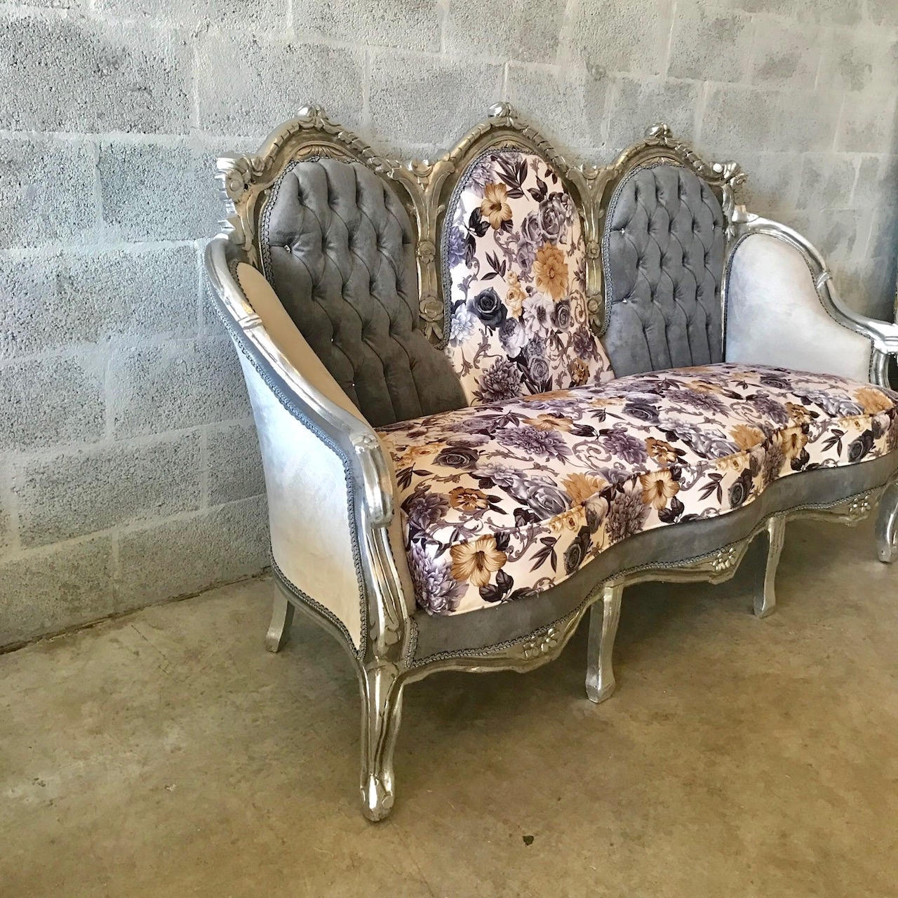 RESERVED* Italian Antique Furniture Silver Gray Baroque Tufted Settee