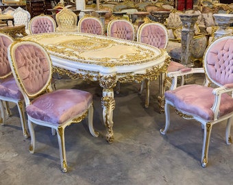 French Rococo White and Pink Dining Table and Chairs SET *9 Piece Set Available*