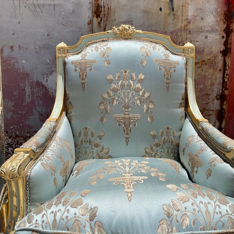 French Chair Light Blue Vintage Chair New Upholstery Damask Fabric Furniture Baroque Rococo Interior Design Vintage Furniture image 9